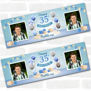 Personalisierte Party Girlande für 35 Geburtstag mit Foto männlich blau Ballon Geschenk | Party Dekoration, Banner, Girlande. 3 x 3m | 12x4 cm | 18 x 6 cm
