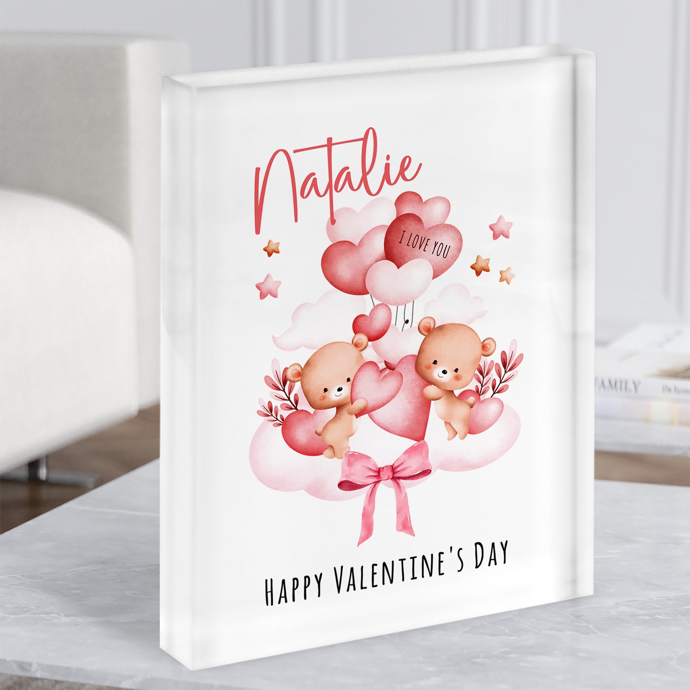 Watercolour Cute Teddy Bears Valentine Gift Personalised Acrylic Block - Personalised Gift, Keepsake Gift, Custom Gift