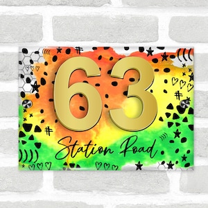 Yellow Green Orange Abstract Fun Acrylic House Address Sign Door Number Plaque
