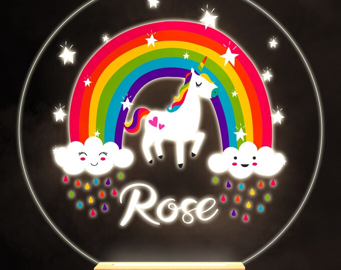 Rainbow Unicorn Colourful Round Personalised Gift LED Lamp Night Light | Personalised Gift | Bedroom Lamp | Personalised Light