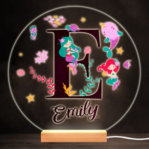 Sealife With Mermaids Alphabet Letter E Round Personalised Gift Lamp Night Light | Personalised Gift | Bedroom Lamp | Personalised Light