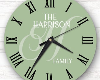 Sage Green Family Name Initial Personalised Gift Personalised Clock