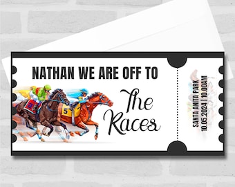 Racing Horses We&#39;re Off To The Races Personalised Surprise Ticket Gift Voucher- Coupon, Surprise Reveal, Voucher, Ticket, Card