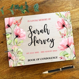 Bois, fleurs de pavot roses, condoléances, condoléances et condoléances, livre d'or | Livre de condoléances funéraires personnalisé | Livre de sympathie