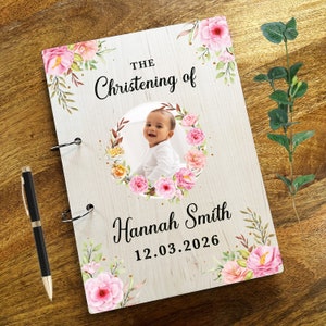 木製水彩画 ピンクの花柄 写真 メッセージ メモ 記念品 洗礼式ゲストブック | パーソナライズされた洗礼式ゲストブック | 記念品ブック