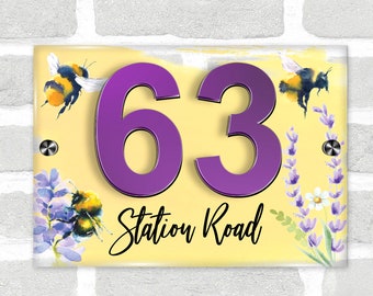 Bee Bumblebee Floral Pretty Yellow Purple Modern Acrylic Door Number House Sign
