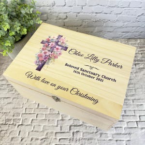 Pink Floral Cross Christening Personalised Storage Wooden Memory Keepsake Box - Memory Storage Box - Christening Wooden Keepsake Boxes