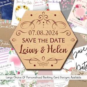 Hexagon Vintage Personalised Wood Wedding Save The Date Magnets & Backing Cards