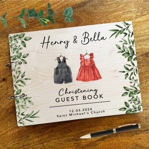 Acuarela gemelos niña niño trajes mensaje notas recuerdo bautizo libro de visitas / libro de visitas de bautizo personalizado / libro de recuerdos