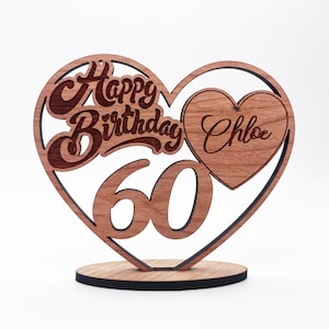 Engraved Wood 60th Happy Birthday Heart Milestone Age Keepsake Personalised Gift