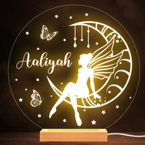 Girls Fairy Sitting On The Moon Stars Butterflies Personalised Lamp Night Light