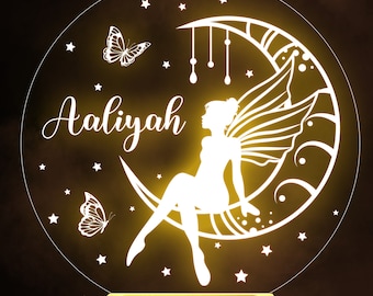 Girls Fairy Sitting On The Moon Stars Butterflies Personalised Lamp Night Light
