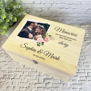 Vintage Floral Photo Frame Memories Día de la boda Caja de recuerdos de madera personalizada - Caja de almacenamiento de memoria - Cajas de recuerdos de madera de boda