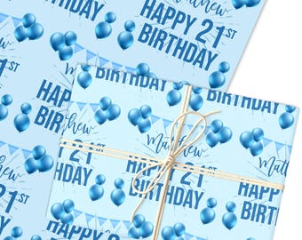 Carta da regalo personalizzata per il 21° compleanno, carta da regalo personalizzata per ragazzi blu / fogli o rotoli / carta da regalo personalizzata