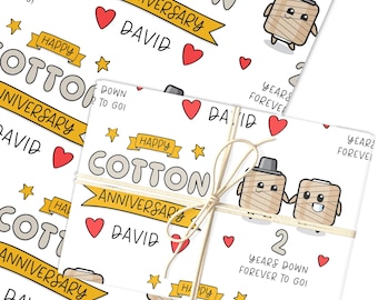 Personalised Wrapping Paper 2nd Wedding Anniversary 2 Year Cotton Yarn Couple, Custom Gift Wrap, Sheets or Rolls, Customised Wrapping Paper