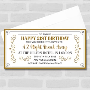 Vale regalo personalizado con boleto sorpresa elegante para una noche de cumpleaños fuera de casa: cupón, revelación sorpresa, vale, boleto, tarjeta