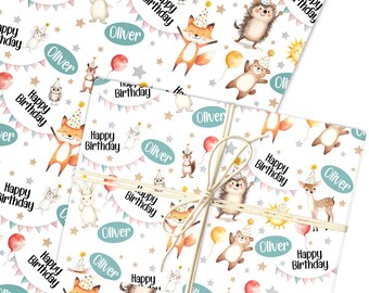 Personalised Wrapping Paper Kids Birthday White Woodland Animal Custom Gift Wrap | Sheets or Rolls | Customised Personalized Wrapping Paper