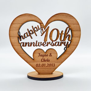 Feliz décimo aniversario de boda, recuerdo grabado en corazón, regalo personalizado