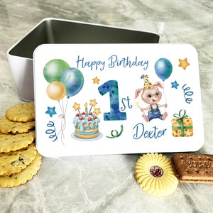 1st Birthday Watercolour Bunny Rectangle Personalised Treat Tin