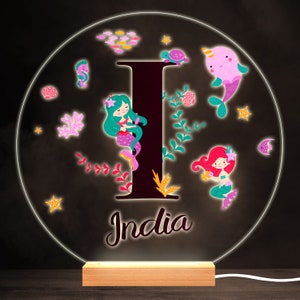 Sealife With Mermaids Alphabet Letter I Round Personalised Gift Lamp Night Light | Personalised Gift | Bedroom Lamp | Personalised Light
