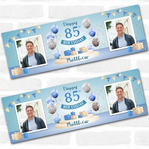 Personalisierte Party Girlande für 85 Geburtstag mit Foto männlich blau Ballon Geschenk | Party Dekoration, Banner, Girlande. 3 x 3m | 12x4 cm | 18 x 6 cm