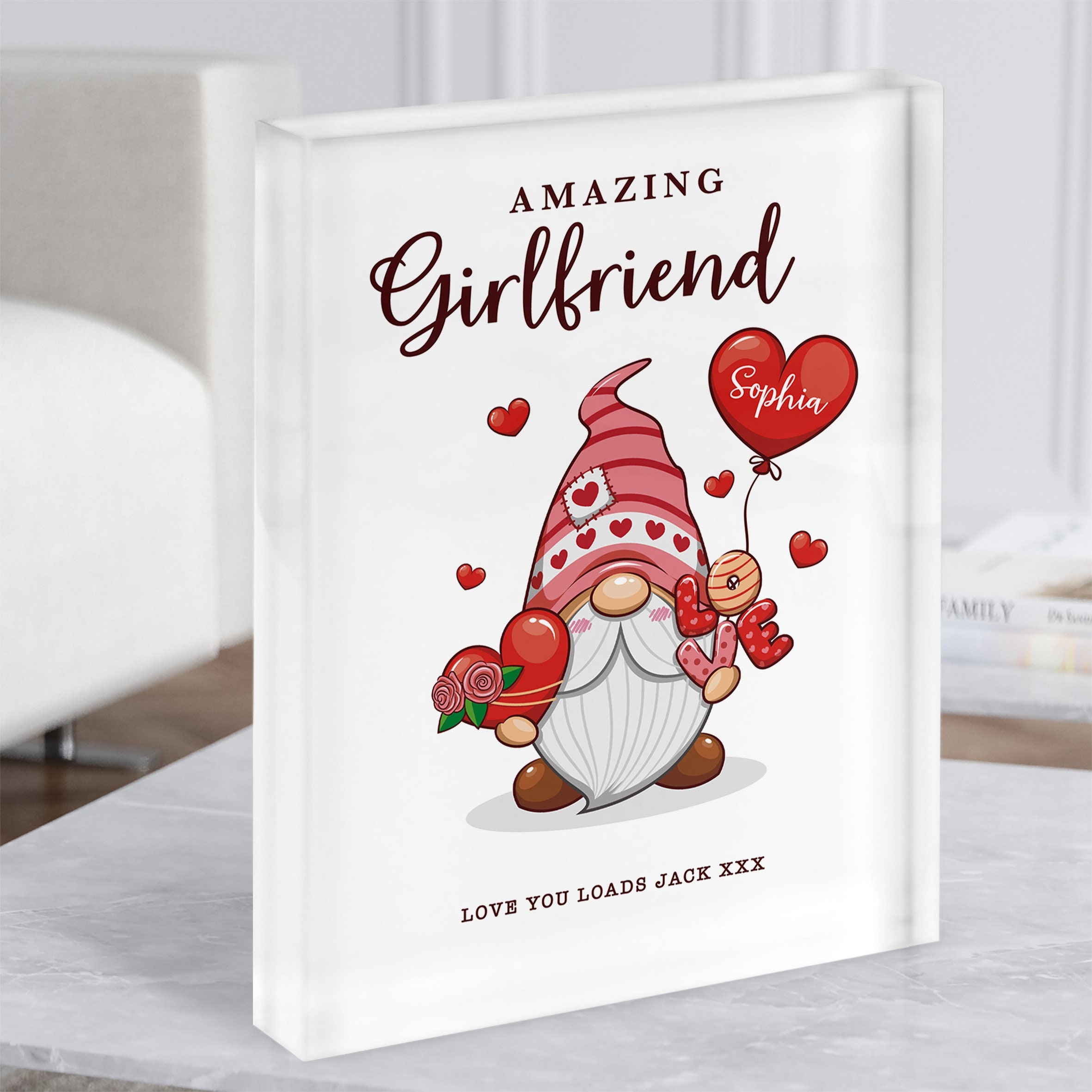 Romantic Gift For Fiancee Gnome With Love Heart Personalised Acrylic Block - Personalised Gift, Keepsake Gift, Custom Gift