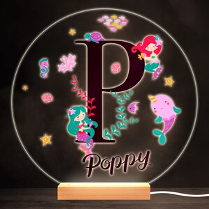 Sealife With Mermaids Alphabet Letter P Round Personalised Gift Lamp Night Light | Personalised Gift | Bedroom Lamp | Personalised Light