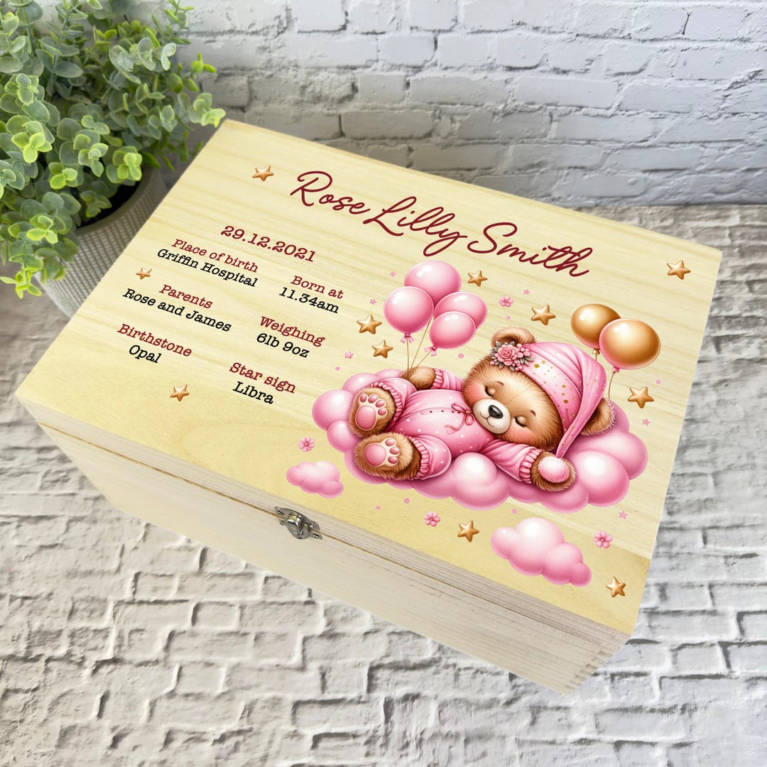 Sleeping Pink Teddy Bear New Baby Girl Personalised Wooden Memory ...