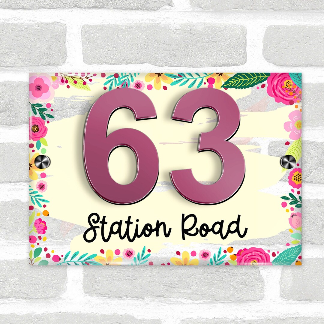 Vibrant Floral Border 3D Acrylic House Address Sign Door Number Plaque ...