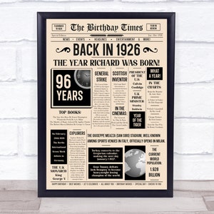 1926 Zeitung jedes Alter Jedes Jahr Sie wurden geboren Geburtstag Fakten personalisiert Geschenk Druck
