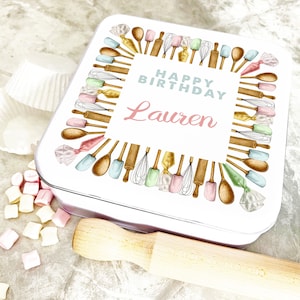 Square Watercolour Baking Utensil Birthday Personalised Cake Tin