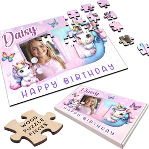 Kids Gift For Birthday Girl Unicorn Letter D Photo Personalised Wooden Jigsaw Puzzle | Personalized Gift, Custom Puzzle,  Wood, Fun Gift