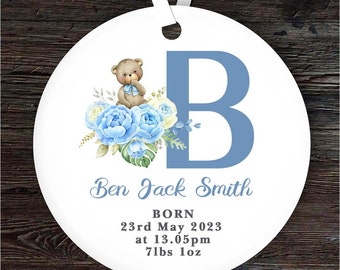 New Baby Boy Teddy Bear Letter B Personalised Gift Keepsake Hanging Ornament