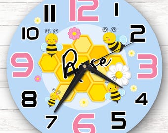 Reloj de pared personalizado con diseño de abeja y miel para dormitorio infantil, regalo para niños, reloj para dormitorio infantil, reloj personalizado, reloj de pared para niños