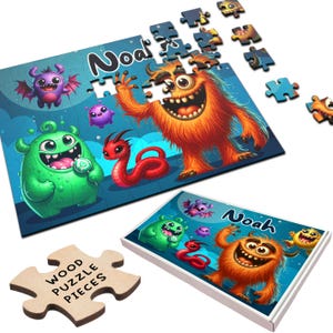 Cute Monsters Gift For Kids Children Custom Personalised Wooden Jigsaw Puzzle | Personalized Gift, Custom Puzzle, Quality Wood, Fun Gift