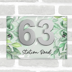 Wash Green Watercolour Leaves 3D Acrylic House Address Sign Door Number Plaque