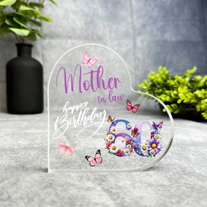 Mother-In-Law 60th Birthday Present Purple Floral Heart Plaque Keepsake Gift - Gift, Custom Present, Trinket, Ornament, Acrylic Plaque