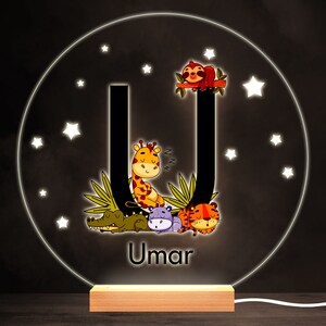 Sleeping Baby Safari Animals Letter U Round Personalised Gift Lamp Night Light | Personalised Gift | Bedroom Lamp | Personalised Light