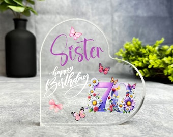 Sister 70th Birthday Present Purple Birthday Present Heart Plaque Keepsake Gift - Gift, Custom Present, Trinket, Ornament, Acrylic Plaque