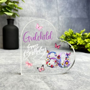 Godchild 60th Purple Floral Birthday Present Heart Plaque Keepsake Gift - Gift, Custom Present, Trinket, Ornament, Acrylic Plaque