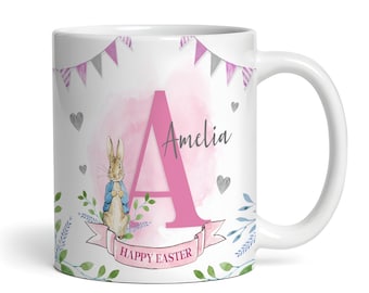 Peter Rabbit Pink Name Happy Easter Present Coffee Tea Cup Personalised Mug - Personalised Gift