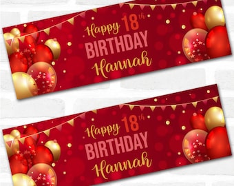 Personalised Party Banner For 18th Birthday Red Gold Balloons | Party Decoration, Event Banner. 3x1ft | 4.5x1.5ft | 6x2ft
