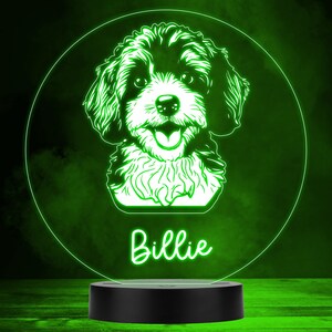 May include: A green LED night light with a white silhouette of a dog's head and the name "Billie" underneath. The light is on a black base.