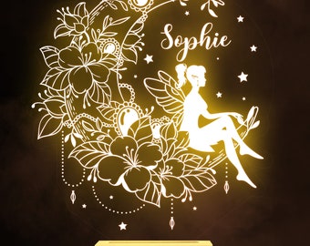 Girly Fairy And Crescent Moon Illustration Personalisiertes Geschenk Lampe Nachtlicht