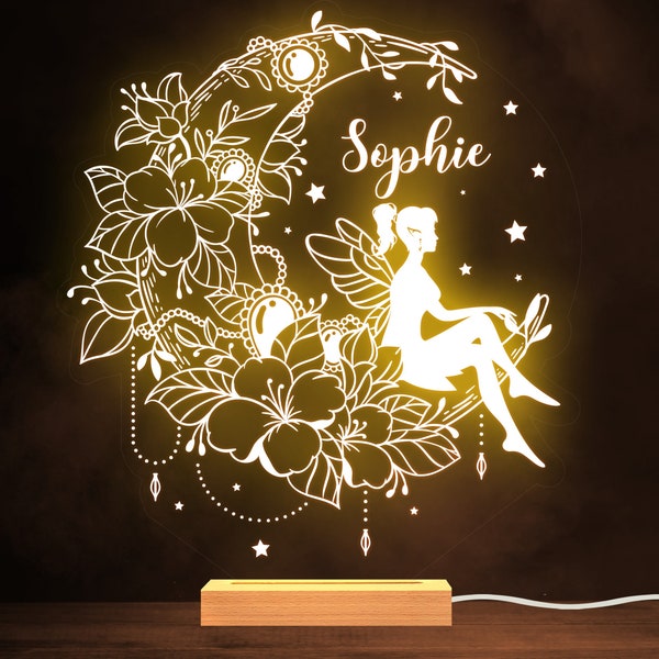 Girly Fairy And Crescent Moon Illustration Personalised Gift Lamp Night Light