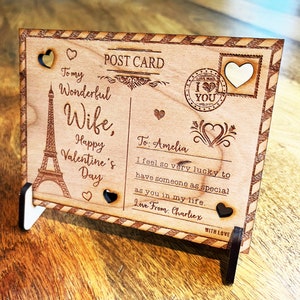 Épouse Paris Romantique Saint-Valentin Carte personnalisée Carte postale en bois Cadeau