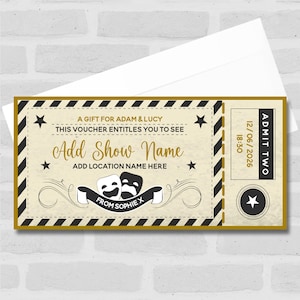 Qualsiasi spettacolo teatrale comico regalo biglietto a sorpresa personalizzato in oro buono regalo - buono, sorpresa rivelata, buono, biglietto, carta