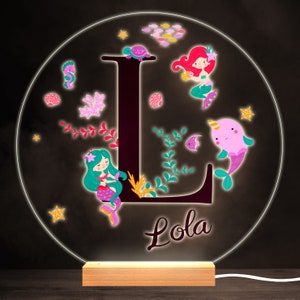 Sealife With Mermaids Alphabet Letter L Round Personalised Gift Lamp Night Light | Personalised Gift | Bedroom Lamp | Personalised Light
