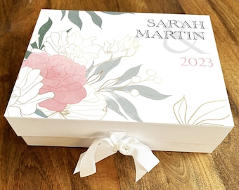 Floral Gold Detail Personalised Wedding Day Keepsake Hamper Gift Memory Box
