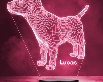 May include: A white wireframe 3D model of a dog with the name "Lucas" underneath. The model is lit up in a bright pink light and is sitting on a black base.